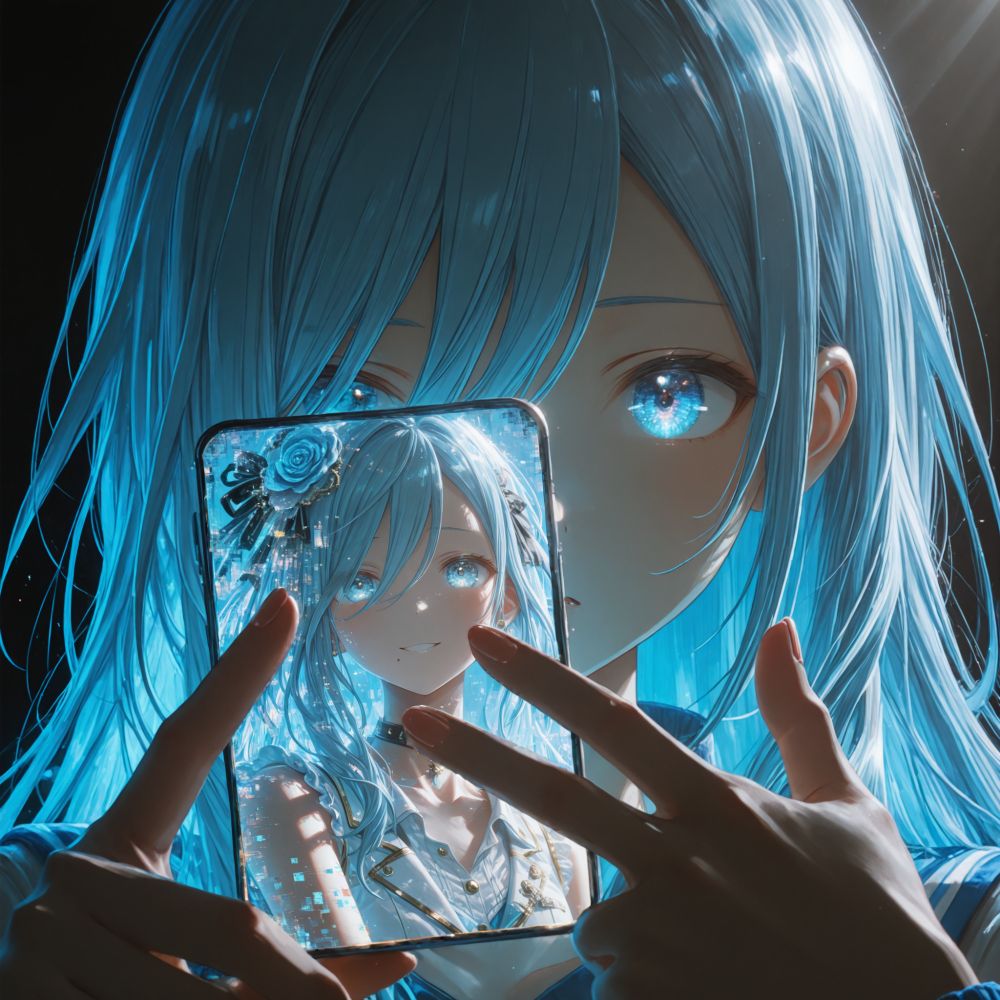 girls, hinomori shizuku, project sekai, multiple persona, split theme,
long hair, light blue hair, light blue eyes, (small eyes:1.4), :o,
holding cellphone, cellphone over face, (reflection: glowing reflections, contrast lighting, momoi airi reflection in cellphone, cellphone reflection),
reflecting, finger frame, extreme close-up, collage over eyes, multiple collage,
abstract, surreal, square shape censorship, censored identity, framed, frame glitch,
day, (side lighting:1.6), sunlight,
mψh0r_a97q, refraction, prismatic light, glowing reflections, contrast lighting,
nijistyle, jwst, masterpiece, amazing quality, very aesthetic,
<lora:ObIL-style-nijistyle02:0.2>, <lora:ObIL-style-JWST02:0.2>
<lora:MYRHAv3_rank48_fp16:1>