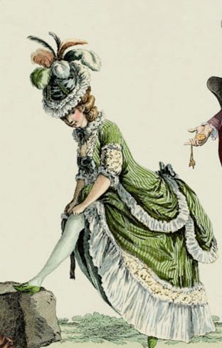 Illustration of 18th century woman adjusting her stocking. Outside like a total slattern