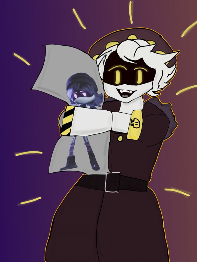 N from Murder Drones holding a pillow with Uzi from the same series on it
