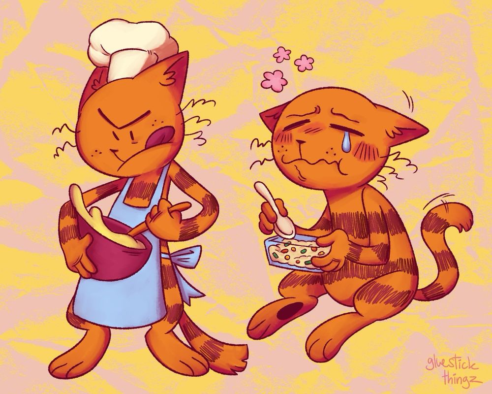 Two drawings of Petey, left one shows him mixing ingredients in a bowl and the right one shows him sitting down happily eating fried rice.