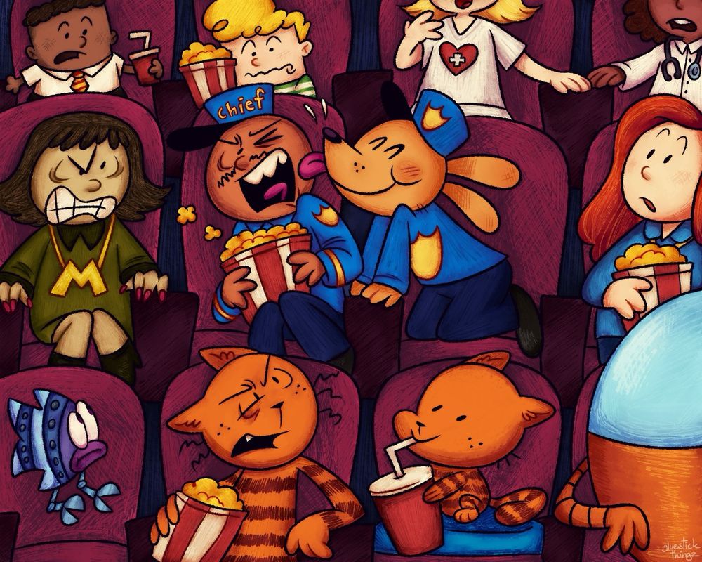 A sketchy digital illustration showing Dog Man characters seated in a movie theatre. Dog Man is licking the chief's face and others are looking at them in confusion/shock.