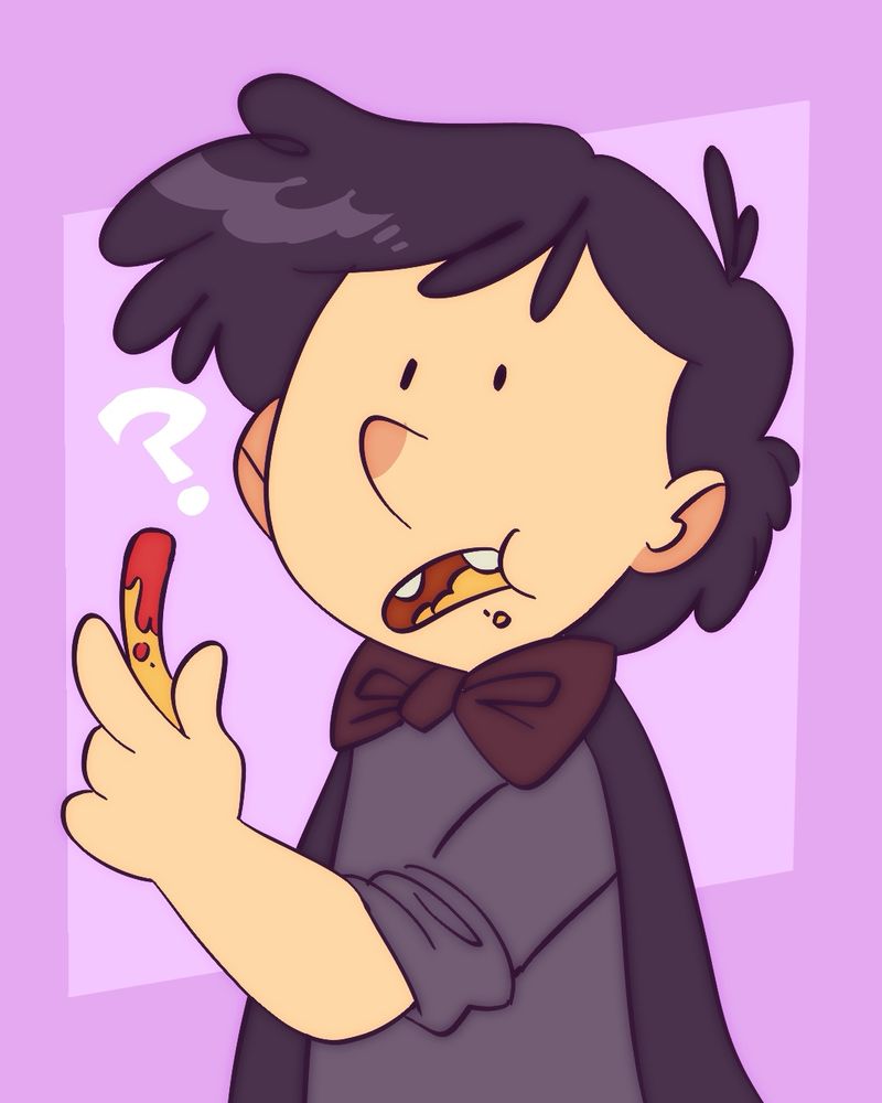 Doodle concept of a human design for my bat character Eddie. He has short messy hair, missing front teeth and is wearing a dark bow tie and cape. He's eating french fries while looking at the viewer.
