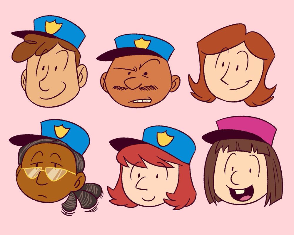 From left to right: Officer Knight, Chief, Sarah Hatoff, Millie (movie), Milly (books) and Dippy.