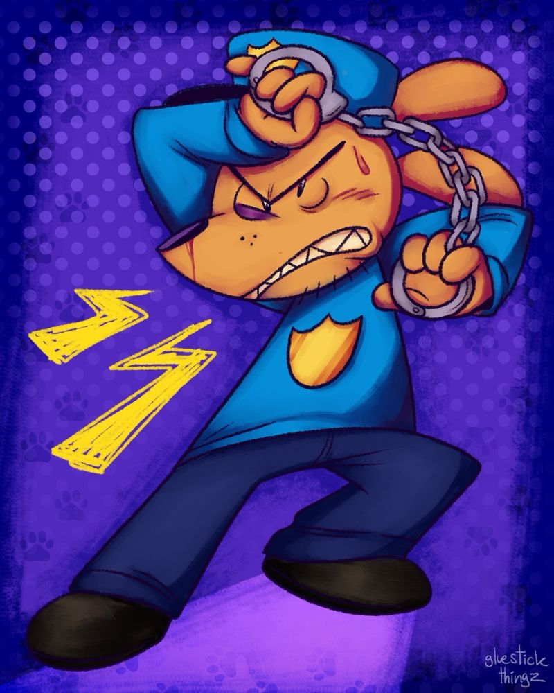 Dog Man in a fighting stance while holding up a pair of handcuffs. He is bruised and bleeding a little.