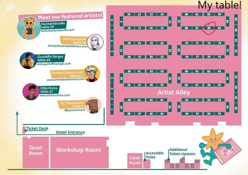 A map of the Sequential Scotland comic con, with my table, no. 86, circled.