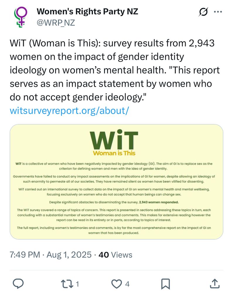 Women's Rights Party NZ @WRP_NZ WiT (Woman is This): survey results from 2,943 women on the impact of gender identity ideology on women’s mental health. 