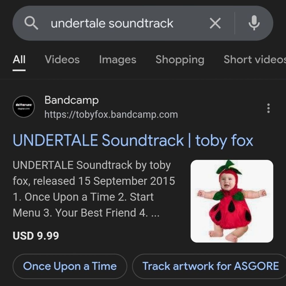 Screenshot of a search for "undertale soundtrack" showing the UNDERTALE Soundtrack album on Bandcamp as the first result with a photo of a baby in a strawberry costume mysteriously shown as the display image