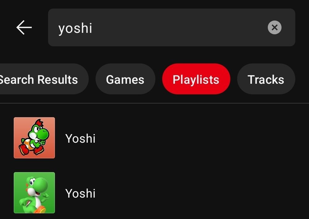 Screenshot of Nintendo Music playlist search for "yoshi" showing that the playlist for Yoshi (TTYD) is above the regular Yoshi