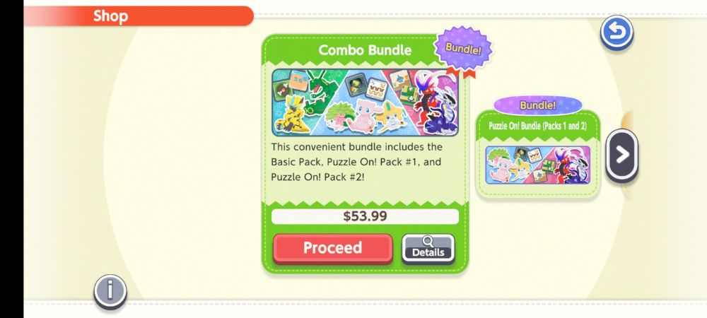 Pokémon Friends DLC shop screen
Combo Bundle: This convenient bundle includes the Basic Pack, Puzzle On! Pack #1, and Puzzle On! Pack #2!
$53.99 (probably AUD)