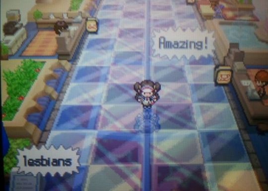 A photo of Rosa in Join Avenue in Pokémon Black 2/White 2 with text boxes reading "Amazing!" "lesbians"