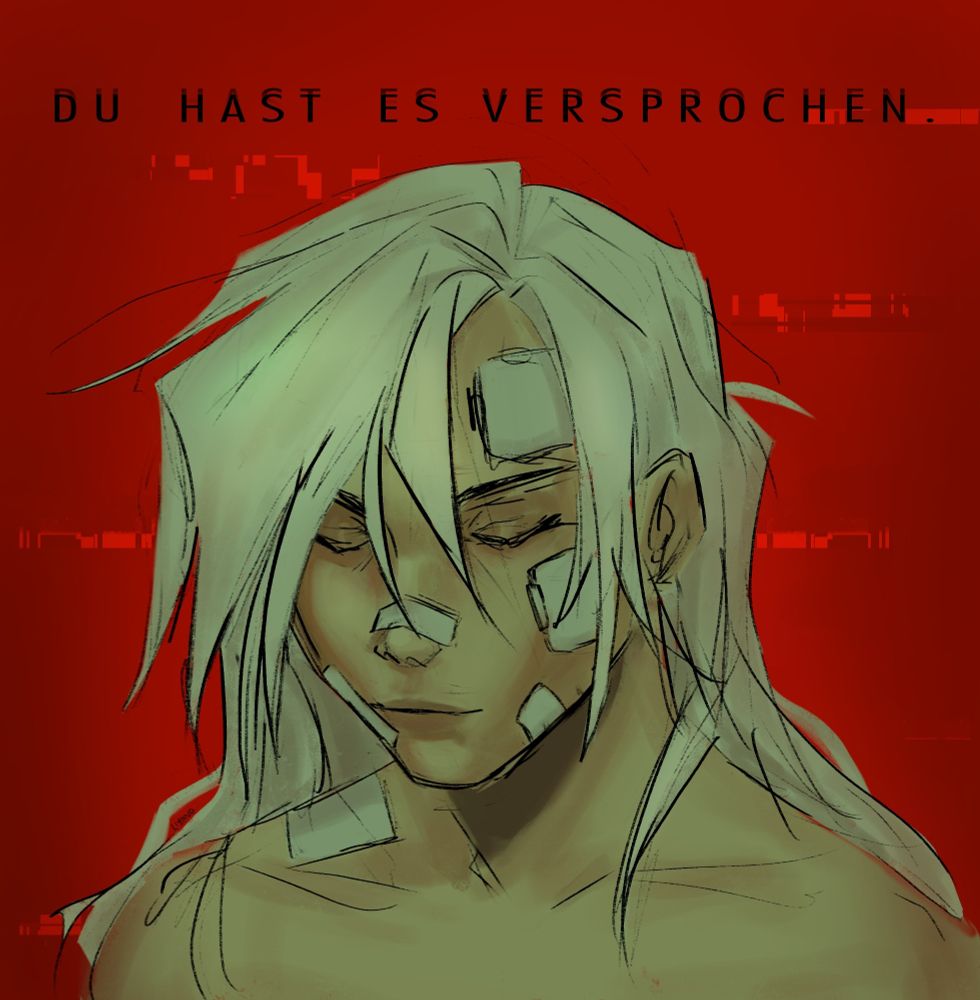 A drawn picture in a painted style of the character, "Ariane" from the game, "Signalis". The character looks forlorn with her eyes closed. The background is bright red and has the words "Du hast es versprochen", meaning "You promised."