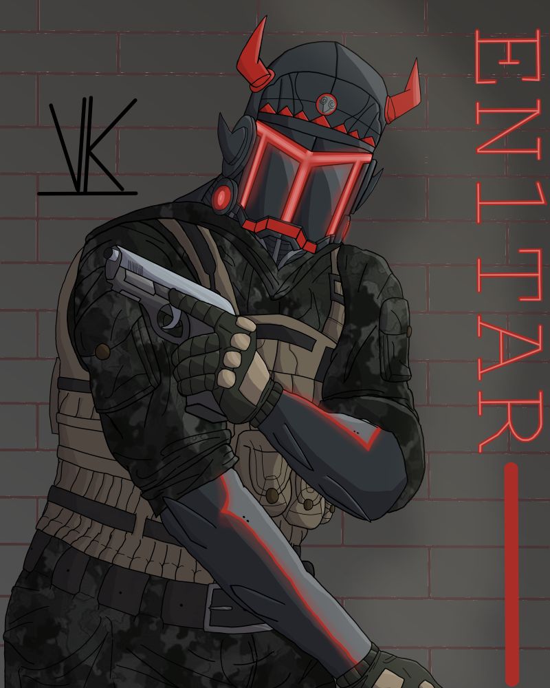 Colored image; drawing of a robot called EN1TAR; his body is gray, his forearms have small spikes and his helmet is elaborate and with light. His clothes are from the millitary and he's holding a pistol.