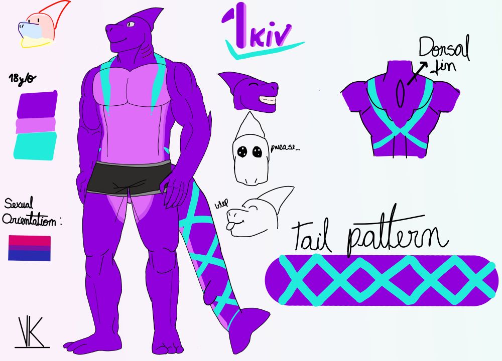 Ikiv is my fursona; he's an anthropomorfic purple shark man with cyan markings in his torso and his back. He wears normal clothes and he is bisexual. He's 18 years old. He comes with some expressions and a small explanation as to how to draw his head.