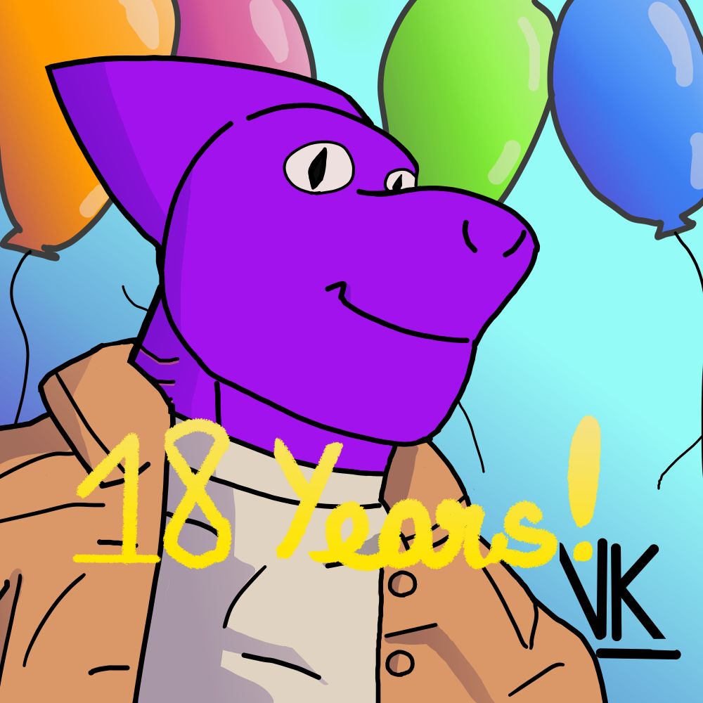 Colored Image; drawing of a purple shark guy looking at the front from a 3/4 angle. He wears a brown shirt and a plain bege shirt too. There are ballons from various colors behind him and the phrase "18 years! is written in front of the image. The background is in a cyan gradient.
