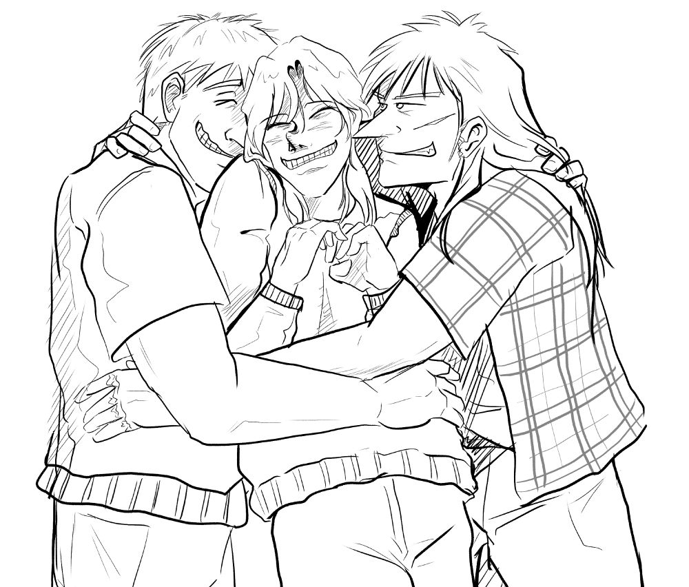 Sketch of Kaiji, Murakami and Ichijou from Kaiji. Ichijou is in between Kaiji and Murakami, who have their arms around him, squishing him between them. All 3 are laughing. Kaiji looks mischievous.