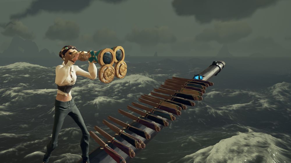 a particularly good looking pirate looks through binoculars as a beautiful spread of flags, plundered from enemy ships, sits on the bowsprit beside her