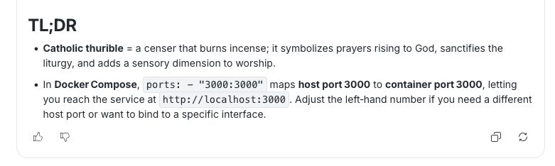 AI search assistant response comparing a catholic thurible to the docker compose command.