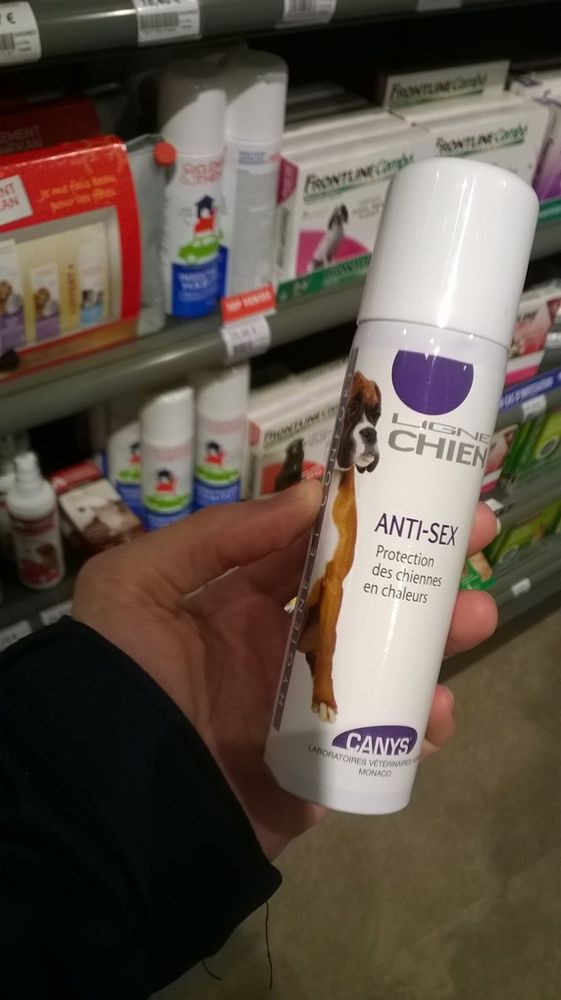 A spray can to presumably stop unwanted male attention for a female dog in heat.