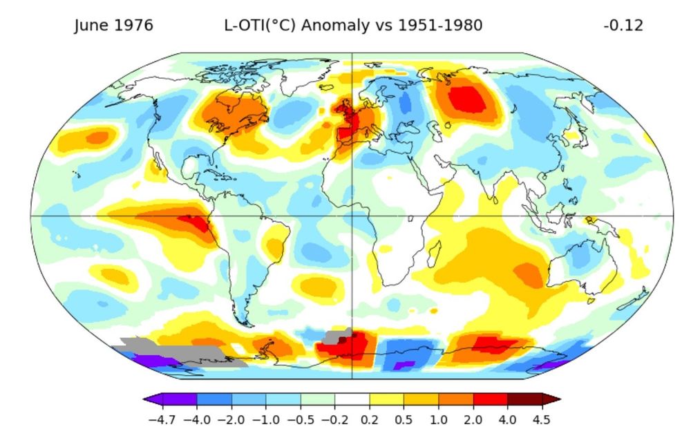 June 1976 global heat map from NASA showing high temperatures in regions and nations, far less global than now.