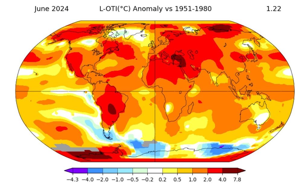June 2024 global heat map from NASA showing high temperatures everywhere. 