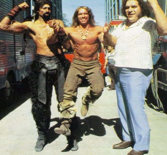 Wilt Chamberlain, Arnold Schwarzenegger, and Andre the Giant on the set of Conan the Destroyer