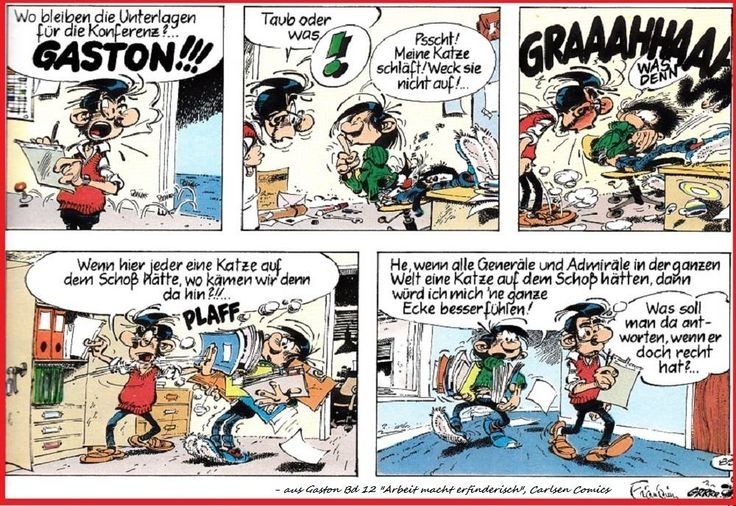 Ausschnitt aus einem Gaston Comic. Gaston hat eine Katze auf dem Schoss. Er meint, wenn alle Generäle eine Katze auf dem Schoss hätten, würde er sich besser fühlen.