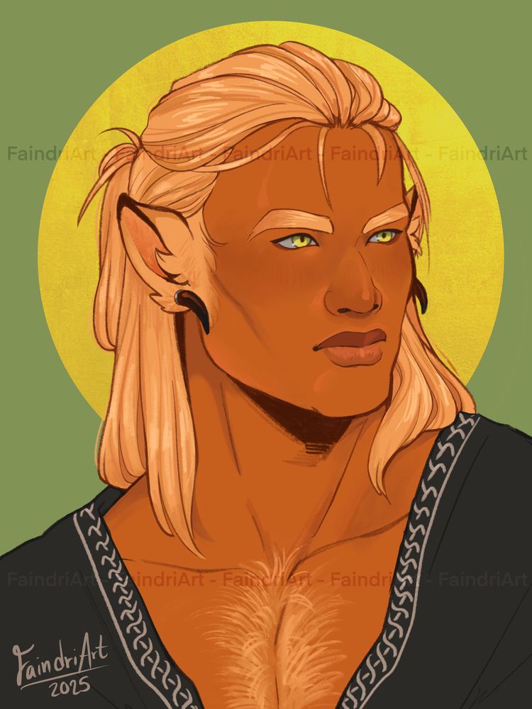 Digital portrait drawing of my OC Narok, a biracial man with copper skin, green-gold eyes, and blond hair. He is a Canite -- a wolf shapeshifter -- so he has wolfish traits such as wolf ears and fur on his chest. His hair is shoulder length and the top half is tied back. He wears a black tunic with gray trim. His expression is stern. The background is green with a yellow-green circle behind his head.