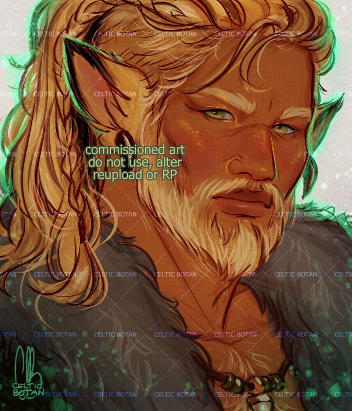 Digital illustration by CelticBotan of my OC Narok. He is a copper skinned man with long blond hair tied into a tail. He has a full beard and wolf-like ears. He wears a heavy fur cloak and a leather corded necklace with beads and a wolf's tooth. 