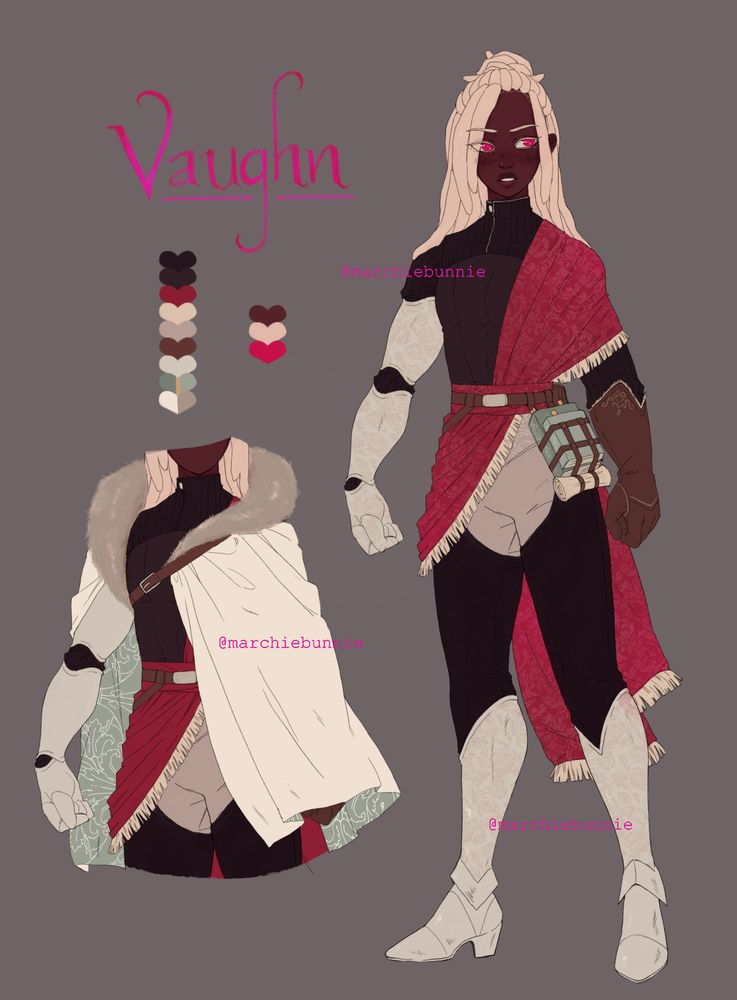 An illustration character reference of a human man named Vaughn, showcasing his winter outfit design. He wears a pink sash over white armour that contrasts with dark padded clothing. A white cape with a fur-trimmed collar completes the ensemble.