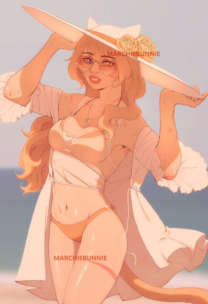 An illustration of a Miqo'te named Tillion enjoying the beach, wearing heart-shaped orange sunglasses, an orange bikini paired with a white cover-up and a large white hat adorned with yellow flowers.