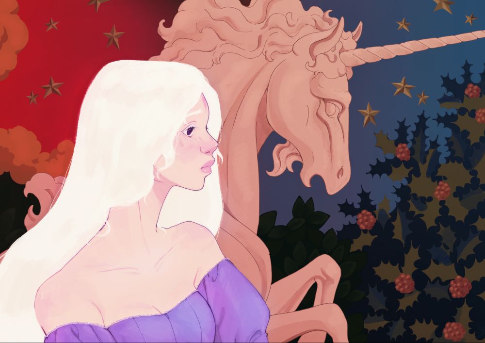 An illustration inspired by The Last Unicorn, featuring Lady Amalthea standing before a painting of a unicorn. The image captures and reflects her sorrow, blending her presence with the haunting beauty of the artwork behind her.