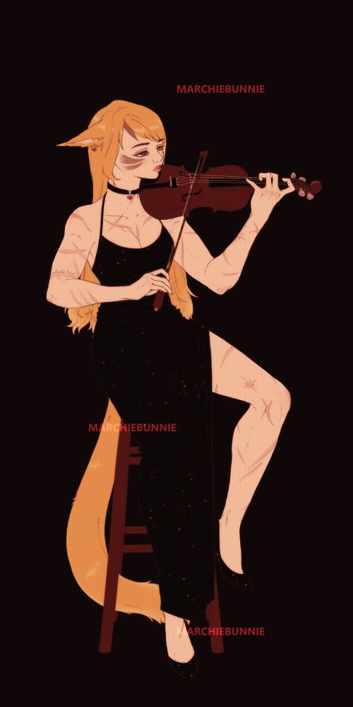 A Miqo'te named Tillion playing the violin, her long, straight blonde hair cascading down. She wears a black dress adorned with subtle sparkles, paired with matching black heels and a black choker adorned with a red heart charm.