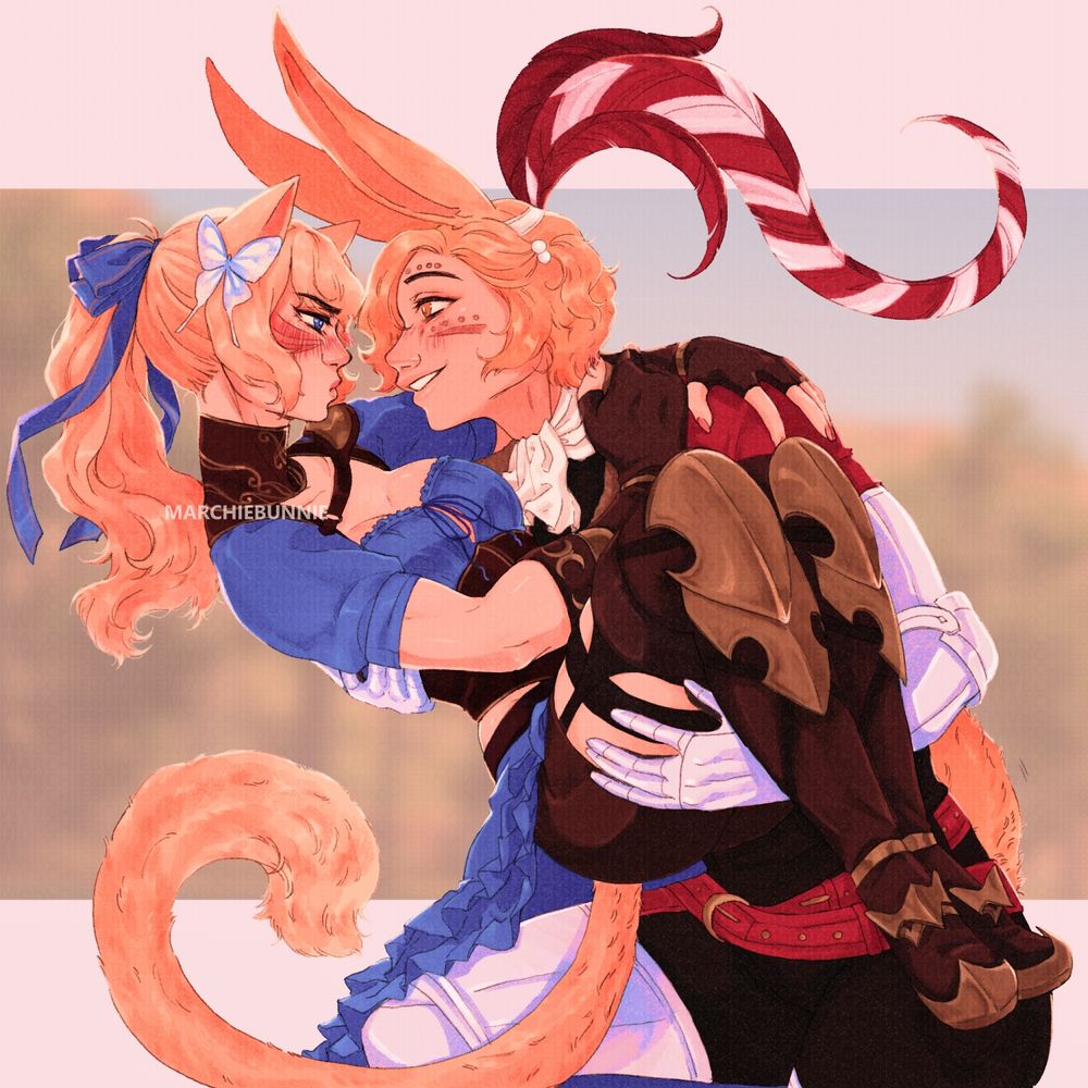 An illustration of a Miqo'te named Tillion being carried by a Viera named Adonitae. He is smiling, while she appears embarrassed and flustered. Adonitae wears a red top with a cravat, a feathered headdress, and silver/white armour on his arms and legs. Tillion is dressed in a blue dress over brown shorts, with leather armor, brown leather boots with gold armor accents, and a blue ribbon with a butterfly in her hair.