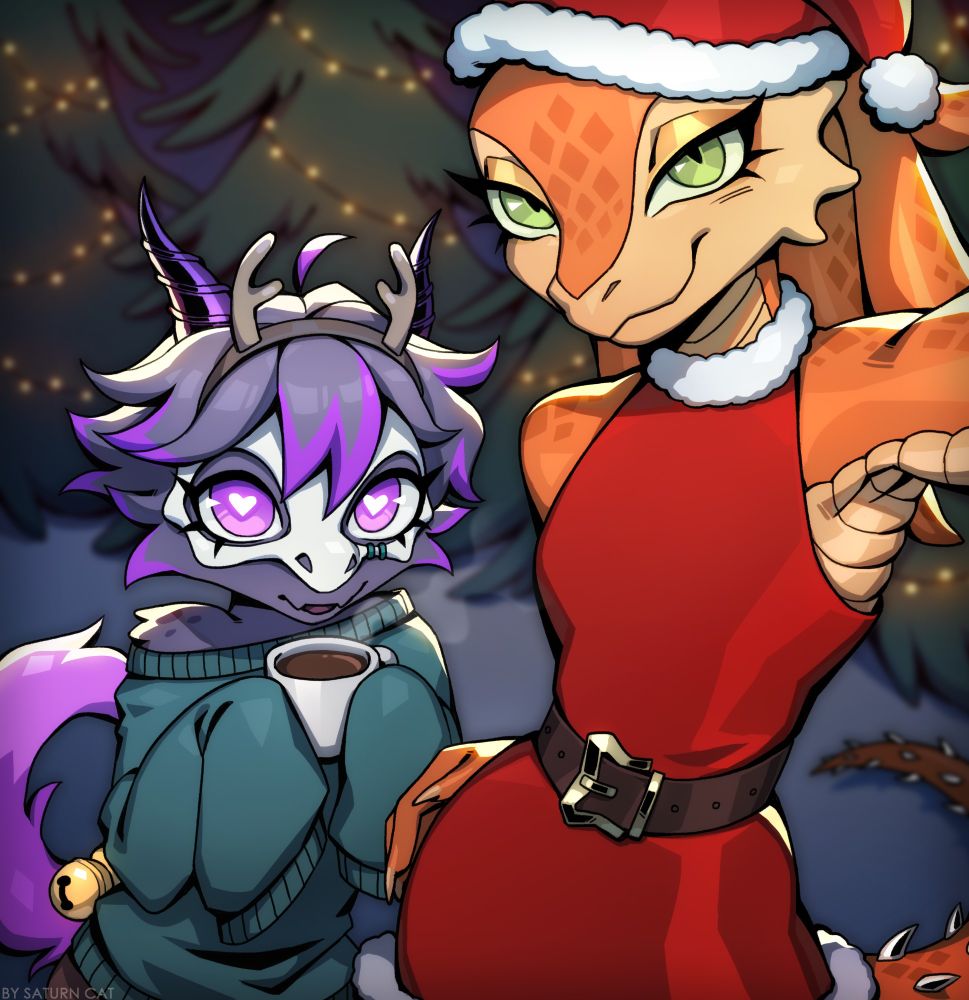 An image displaying 2 characters posing for a selfie with a Christmas theme