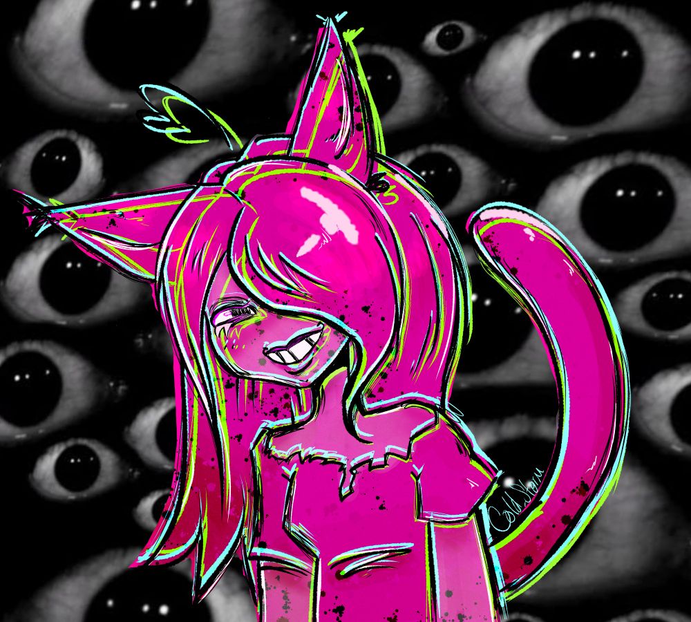 Sona character for an Artfight Attack. Pink tones with cyan and lime green in extremely saturated colors for a "Scene kid" vibe. depicts a person with cat ears and tail grinning while eyeballs fill the background staring at "you".