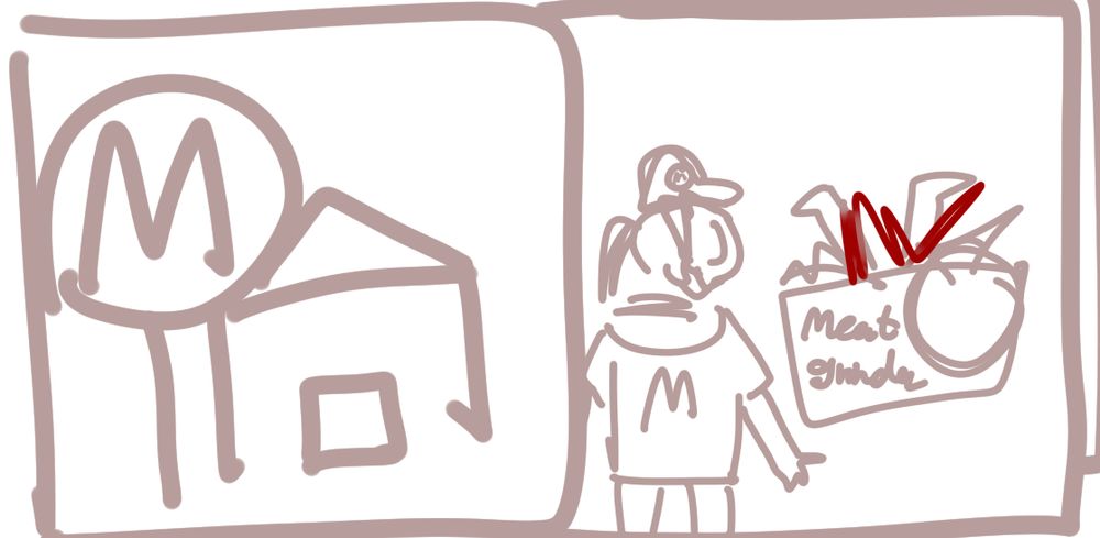 one panel showing a little mcdonalds location and in the other ironeye in a meat grinder. executor is there running the meat grinder in a shirt and hat that have M's on them 