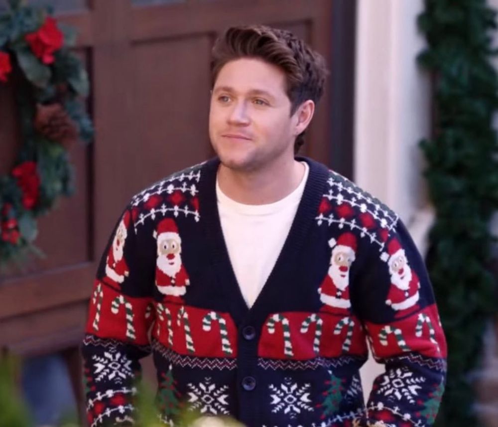 niall horan wearing a cosy santa cardigan sweater