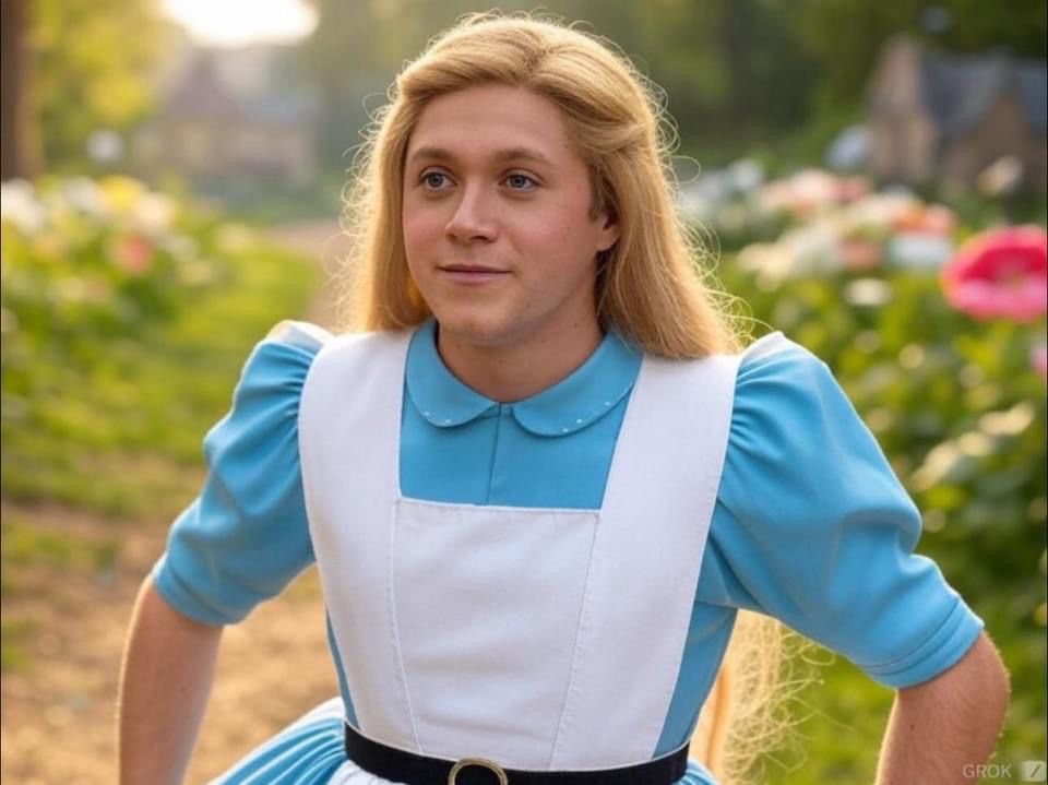 niall horan with long hair wearing alice in wonderland's blue and white dress