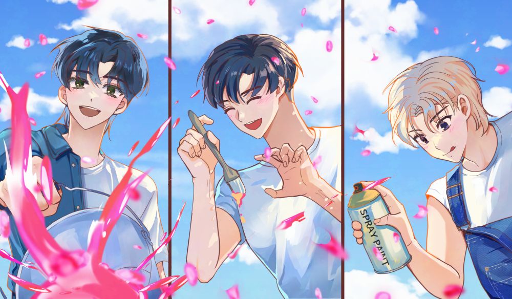 초심돌 팬아트
파란 하늘을 배경으로 한 예현-하준-재희
예현이가 핫핑크색 페인트를 끼얹고 하준이랑 재희가 아무튼 즐겁게 작업하고 있음
하준이는 붓 들고 있고 재희는 미술용 스프레이 들고 있음 