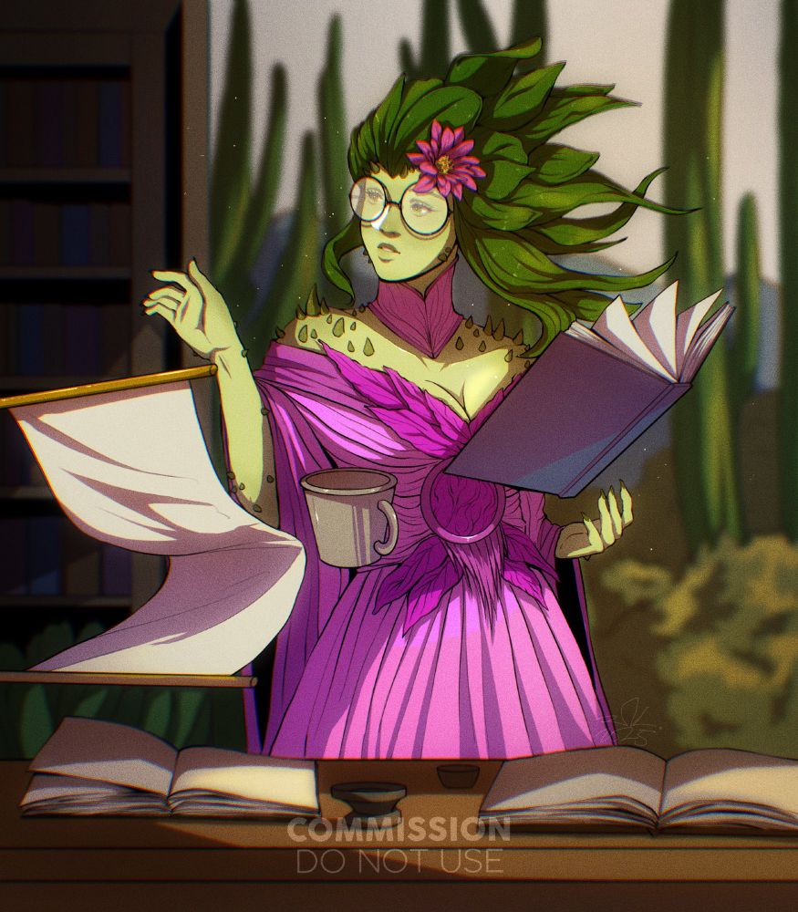 Illustration of a cactus lady wearing a pink dress, casting magic to levitate a scroll, a mug, and a book