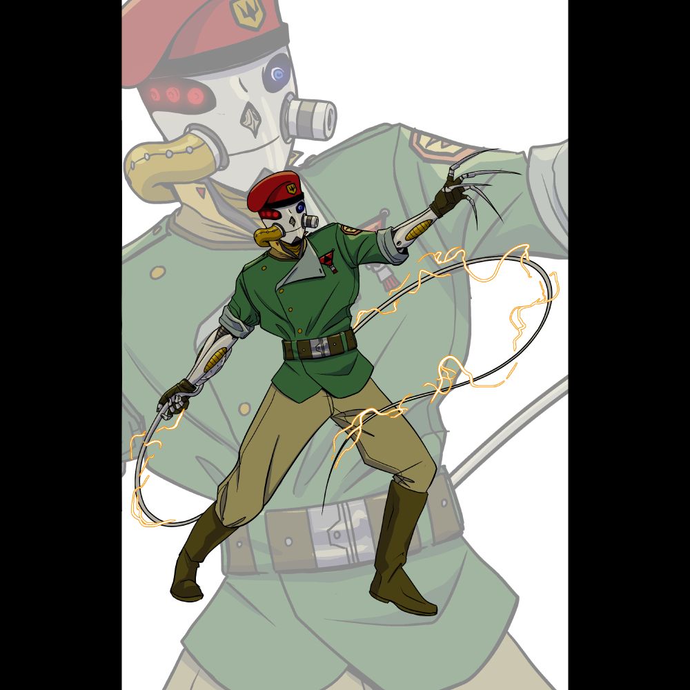 An illustration of Finweigh Fedderman. Finweigh is a cyborg/robot guy wearing clothing reminiscent of WW2 military dress uniform. A green overjacket tan pants, leather boots and a yellow undershirt with a Mandarin collar. His robot face is asymmetrical and skull-like, with a breathing tube on one side of his mouth and what looks like a gas mask air filtrator on the other. His eyes are mismatched cyborg eyes and he wears a red beret. His costume has various rank/campaign/unit insignia on it.