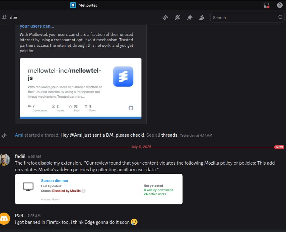 Two different extension developers complained on Mellowtel's Discord server about having their extensions banned by Mozilla after media coverage of the fact that ~1m systems are running extensions that use Mellowtel to route web scraping traffic through users' devices.