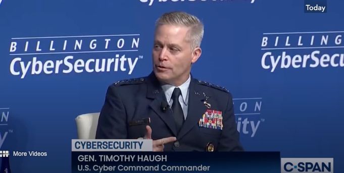 Gen. Timothy Howell, until recently the director of the National Security Agency and the U.S. Cyber Command. Howell is seated in his military uniform, answering questions at the Billington Cybersecurity conference.