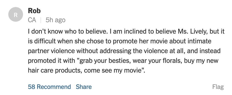 NYT comment criticizing Blake Lively.