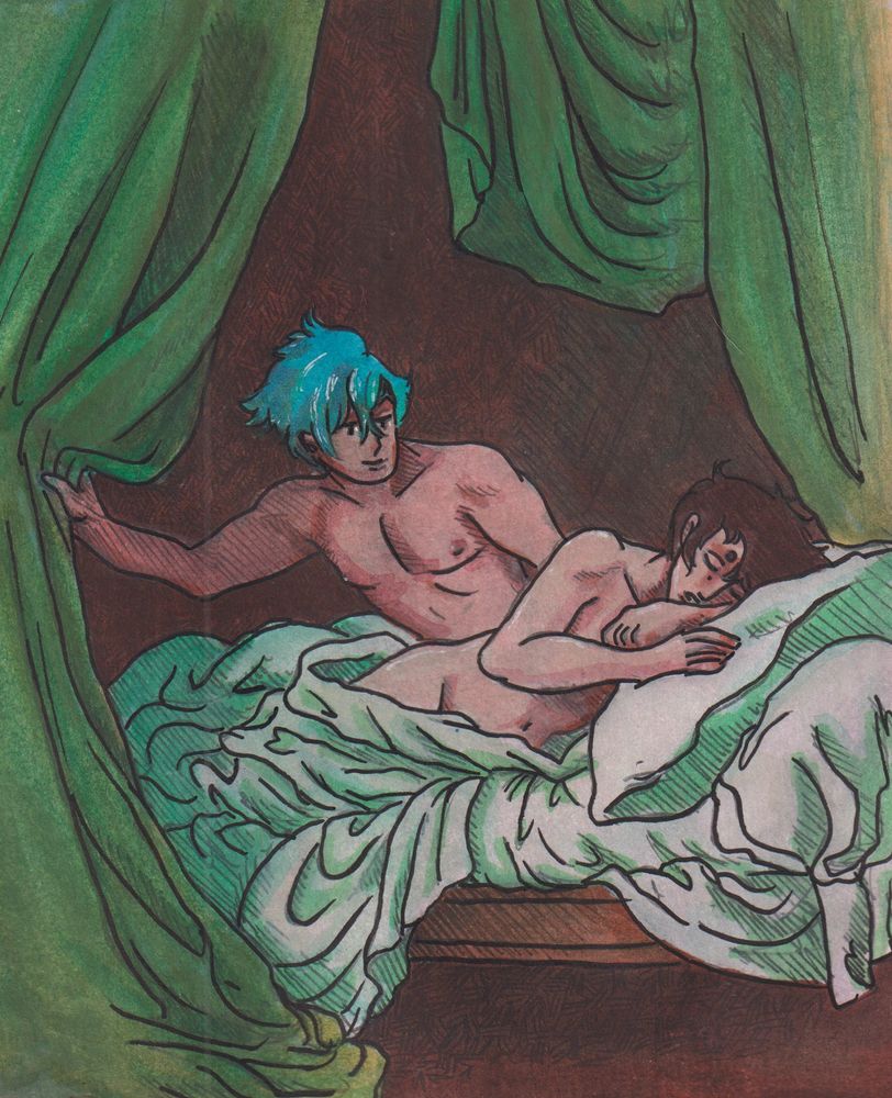 two nude men (one is asleep)  laying in bed with messy sheets framed by green curtains 
one is pulling the curtain aside to showcase the sleeping figure 