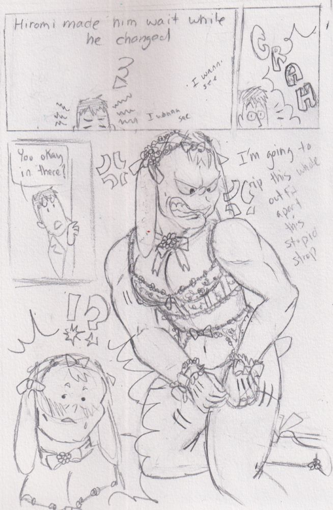 first panel: oka looking frustrated - text on top reads Hiromi made him wait while he changed oka is muttering i wanna see i wanna see
second panel:oka is startled by a large GAH
third panel: oka peeks around a doorway "you okay in there?:
fourth panel Shadow is extremely frustrated at clipping one of the stockings on a full lingerie set complete with bunny ear headdress and frilly ribbons all around  
