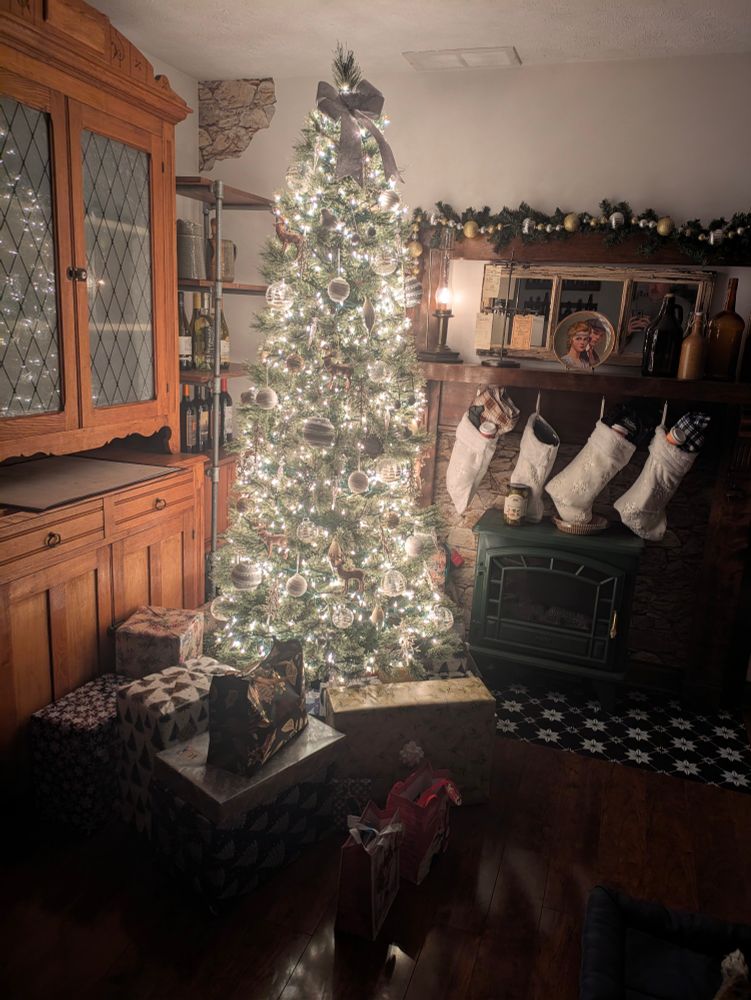 Christmas tree with presents underneath.  Stockings hung on a mantel 