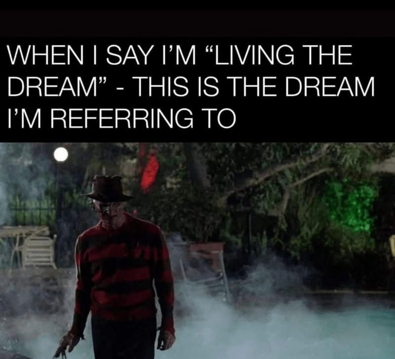A meme with a picture of Freddy Kruger and the words “When I say ‘I’m living the dream’ this is the dream I’m referring to.” 