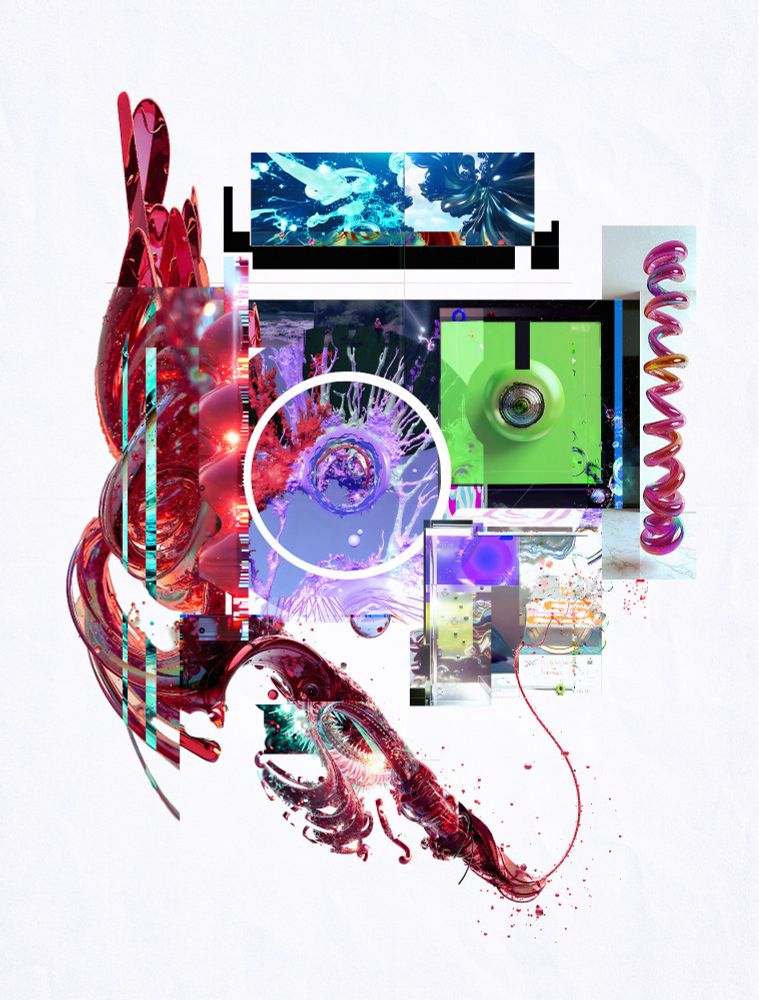 Abstract digital collage with a mix of fluid 3D shapes, glitch textures, and vibrant colors. Centered is a circular frame surrounding a spiky purple and pink organic form. Surrounding it are overlapping blocks of digital imagery including green, black, and neon elements. A red liquid-like form swirls from the bottom left, blending into geometric distortions and pixelations. To the right, a candy-colored helix spiral stands upright. The overall composition is chaotic yet harmonious, evoking a futuristic, cyber-organic aesthetic. White background with minimal texture keeps focus on the vivid, layered visuals.