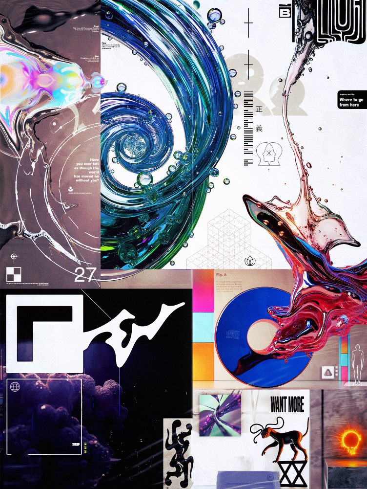Abstract digital collage blending fluid 3D shapes, glass textures, symbols, and color gradients. Elements include a blue spiral, iridescent liquids, geometric patterns, a CD, and surreal black and white figures. Text fragments and minimal UI accents.